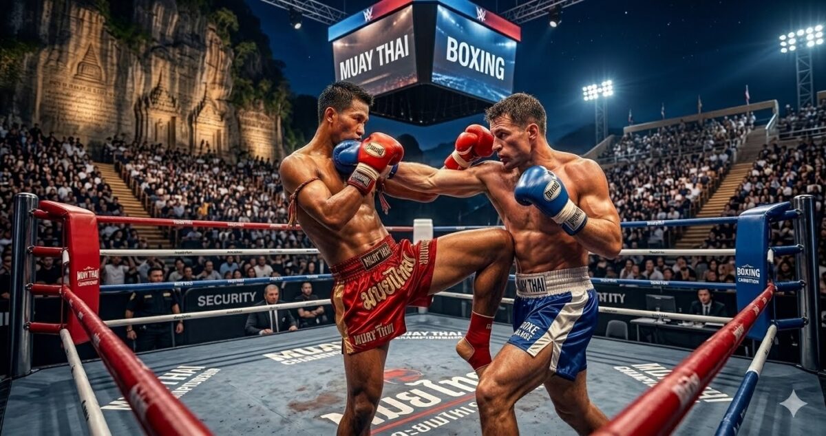 Choc des disciplines sur le ring : un combattant de Muay Thai portant un coup de genou face à un boxeur anglais, avec un écran d'affichage indiquant 'MUAY THAI' d'un côté et 'BOXING' de l'autre