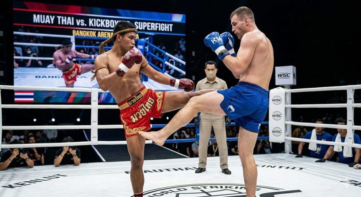 Comparatif Muay Thai vs Kickboxing : combat intense sur le ring entre deux athlètes pieds nus avec écran géant de fond WSC