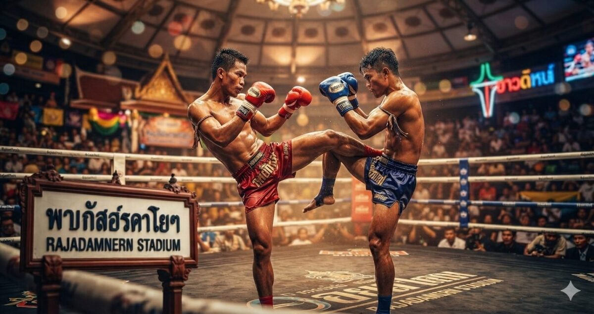 Combat intense de Muay Thai au Rajadamnern Stadium avec deux Nak Muay sans Mongkon pendant l'affrontement