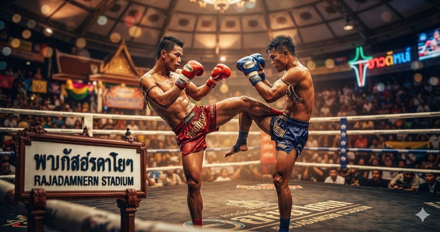 Combat intense de Muay Thai au Rajadamnern Stadium avec deux Nak Muay sans Mongkon pendant l'affrontement