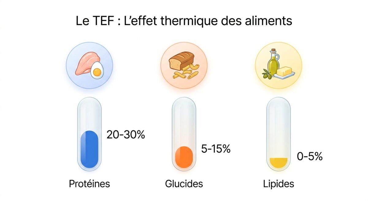 Graphique du TEF (effet thermique des aliments) : coût énergétique de la digestion des protéines, glucides et lipides.